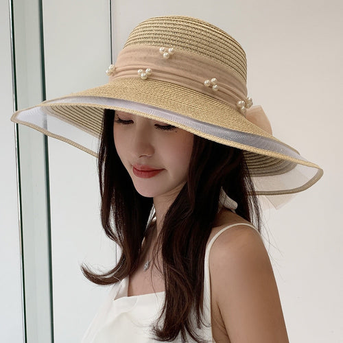 Load image into Gallery viewer, Women&#39;s Summer Hat Fashion Wave Mesh Pearl Design Straw Sun Hat Female Travel  Beach Bucket Hat
