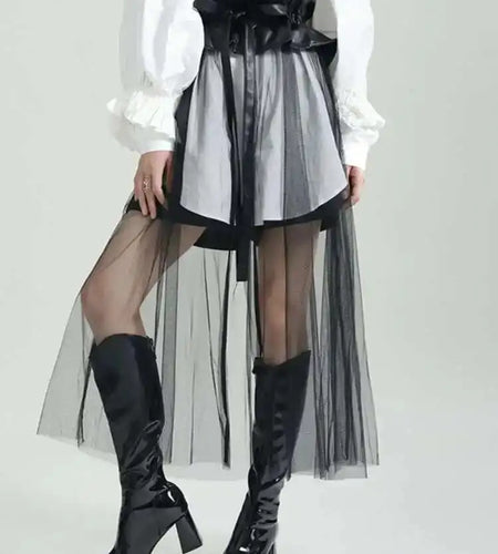 High Waist Black Pu Leather Ruffles Mesh Long Elegant Half-body Skirt Women Fashion Tide New Spring Autumn 2025 1DF6219