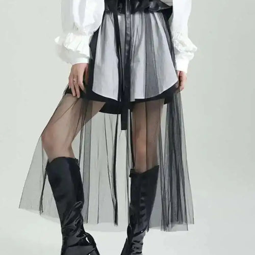 Load image into Gallery viewer, High Waist Black Pu Leather Ruffles Mesh Long Elegant Half-body Skirt Women Fashion Tide New Spring Autumn 2025 1DF6219
