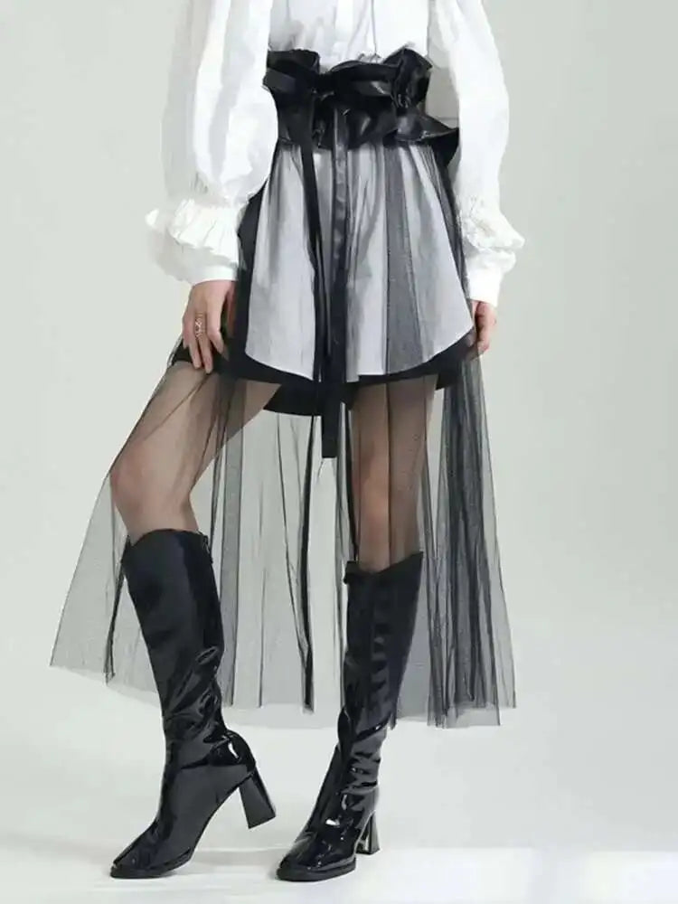 High Waist Black Pu Leather Ruffles Mesh Long Elegant Half-body Skirt Women Fashion Tide New Spring Autumn 2025 1DF6219