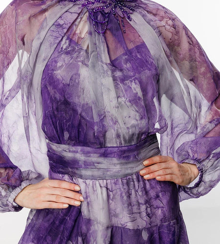 Gradient Sheer Spliced Ruffles Folds Dresses for Women Stand Neck Long Sleeves Patchwork Bead Flower Dress Female