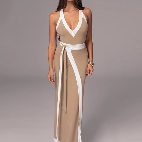 Load image into Gallery viewer, Patchwork Backless Sexy Maxi Dress  Women Fashion Spaghetti Strap V Neck Sleeveless High Split Sexy Long Dress Elegant
