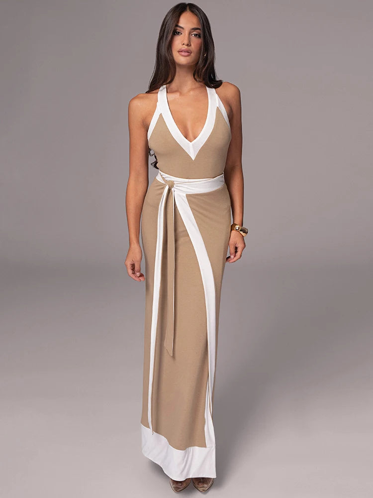 Patchwork Backless Sexy Maxi Dress  Women Fashion Spaghetti Strap V Neck Sleeveless High Split Sexy Long Dress Elegant