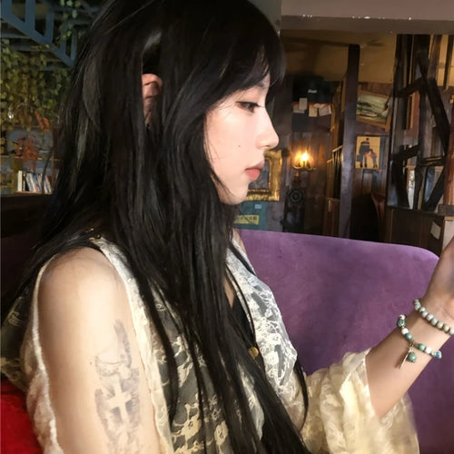 Load image into Gallery viewer, Summer Fake Two Pieces Lace Patchwork Women T-shirt Harajuku Off Shoulder Slim Fit Tops Y2k Aesthetic Grunge Ruffle Sleeve Tees
