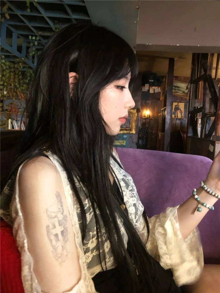 Summer Fake Two Pieces Lace Patchwork Women T-shirt Harajuku Off Shoulder Slim Fit Tops Y2k Aesthetic Grunge Ruffle Sleeve Tees