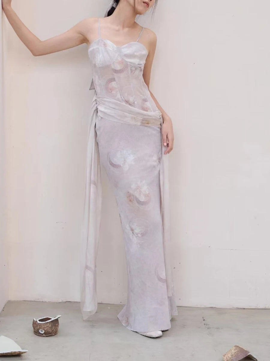 Slimming Printing Spliced Lace Up Elegant Dresses for Women Square Neck Sleeveless Tunic Dress Female Clothing New