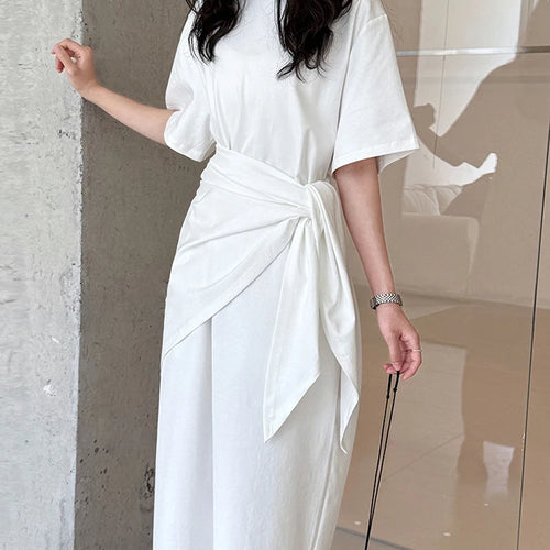 Load image into Gallery viewer, Women White Bandage Irregular Big Size Midi Dress New Round Neck Short Sleeve Fashion Tide Spring Summer 2025 1DJ1263

