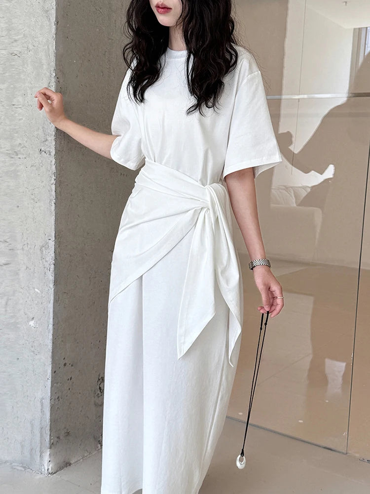 Women White Bandage Irregular Big Size Midi Dress New Round Neck Short Sleeve Fashion Tide Spring Summer 2025 1DJ1263