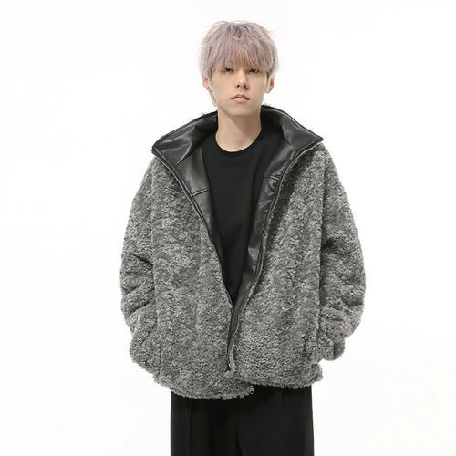 Load image into Gallery viewer, High Street Men&#39;s PU Leather Jackets Casual Stand Collar Reversible Fleece Solid Color Loose Male Coats Streetwear 9C9339
