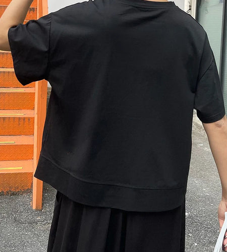 Women Black Irregular Zipper Pocket Big Size T-shirt New Round Neck Short Sleeve Fashion Tide Spring Summer 2025 1DJ0609