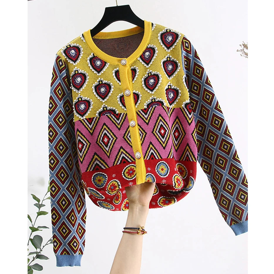 Brand Designer Women's Cardigan 2023 Vintage Contrast Geometric Heart Single Breasted Round Neck Open Stitch Cardigan C-107