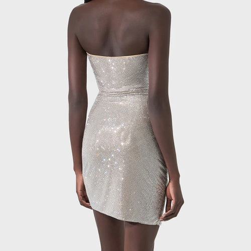 Load image into Gallery viewer, Solid Spliced Diamonds Slimming Dresses For Women Strapless Sleeveless High Waist Hollow Out Dress Female Fashion
