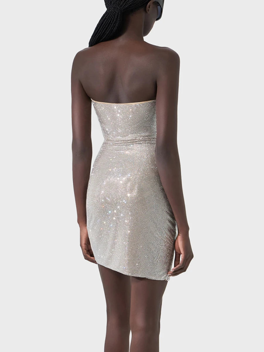 Solid Spliced Diamonds Slimming Dresses For Women Strapless Sleeveless High Waist Hollow Out Dress Female Fashion