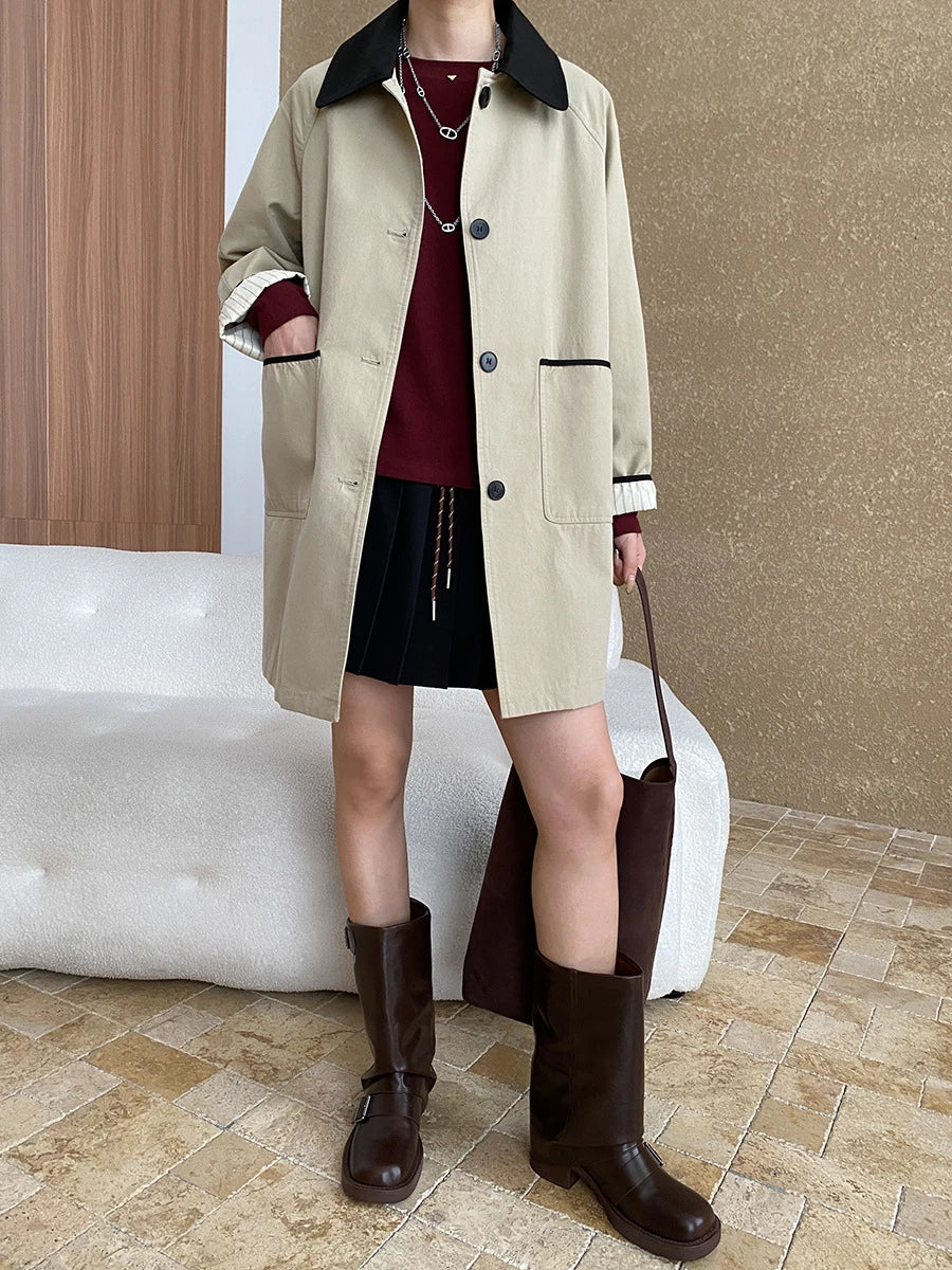 Hit Color Patchwork Pockets Chic Trench For Women Lapel Long Sleeve Temperament Long Coats Female Fashion Autumn