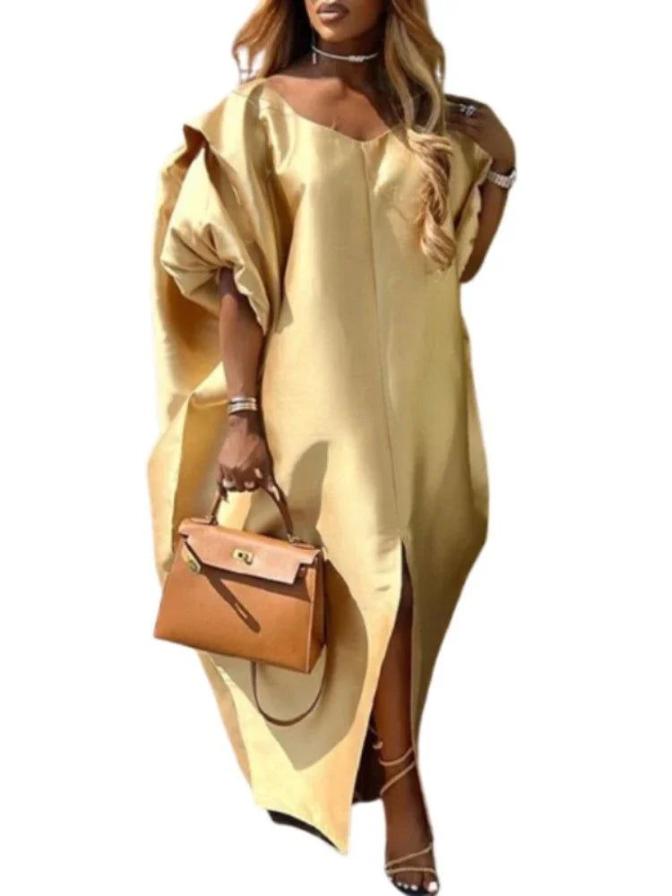 Evening Prom Pleated Long Dresses for Women Summer Puff Sleeves V-neck Woman Split-front Loose Maxi Dresses