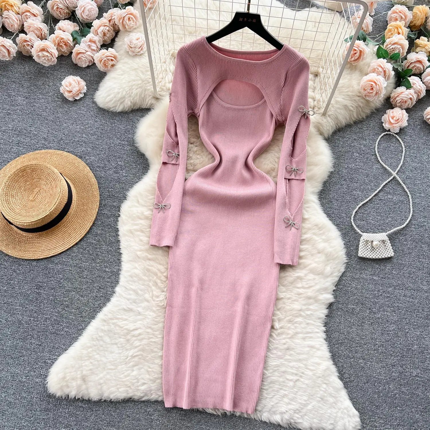 Women Retro Chic Elegant Bow Hollow Long Sleeve Bodycon Dress Sexy Fashion Knit Slim Hip Wrap Sweater Dress Vestidos Autumn New