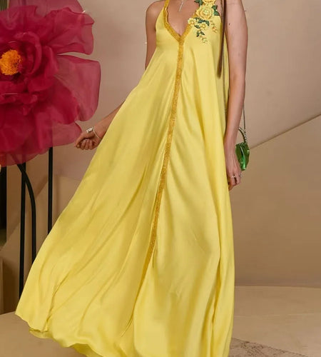 Loose Spliced Appliques Casual Long Dresses for Women V Neck Sleeveless Patchwork Bead Elegant Dress Female Fashion