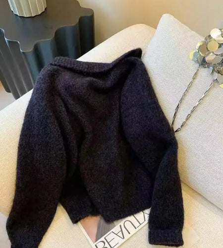 Autumn Winter Black Sequin Long Sleeves Knitted Sweater French Fashion Women's Elegant Lapel Versatile Short Pullover Tops Trend