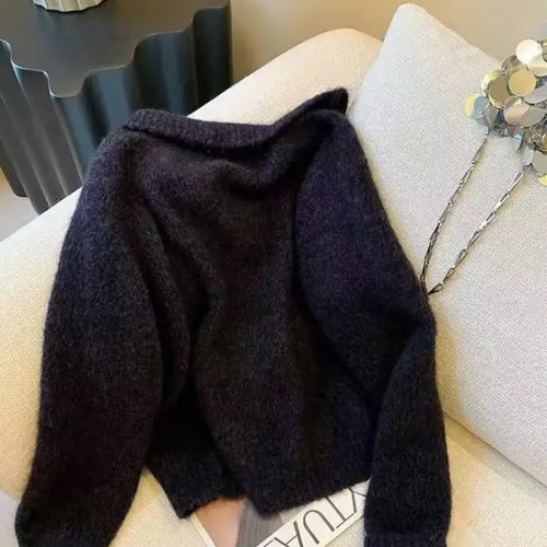 Load image into Gallery viewer, Autumn Winter Black Sequin Long Sleeves Knitted Sweater French Fashion Women's Elegant Lapel Versatile Short Pullover Tops Trend
