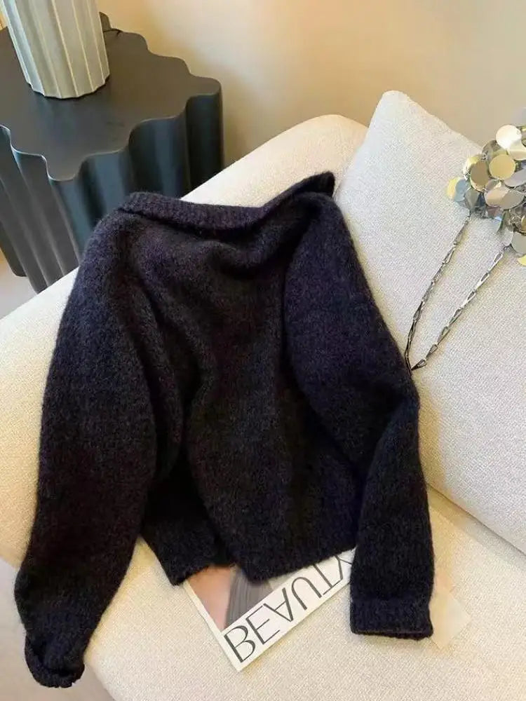 Autumn Winter Black Sequin Long Sleeves Knitted Sweater French Fashion Women's Elegant Lapel Versatile Short Pullover Tops Trend