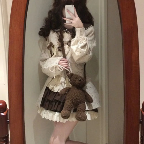 Load image into Gallery viewer, Japanese Sweet Lolita Cardigans Women Y2k Aesthetic Hollow Out Bandage Sweater Kawaii Bow Pocket 2025 Casual Streetwear JK Tops
