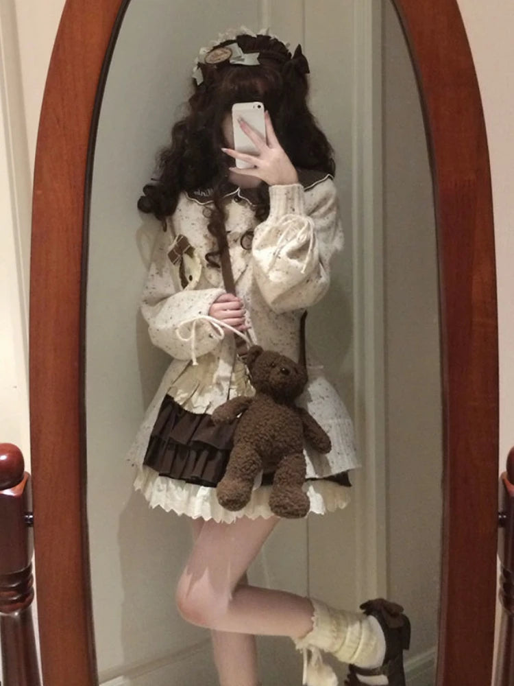 Japanese Sweet Lolita Cardigans Women Y2k Aesthetic Hollow Out Bandage Sweater Kawaii Bow Pocket 2025 Casual Streetwear JK Tops