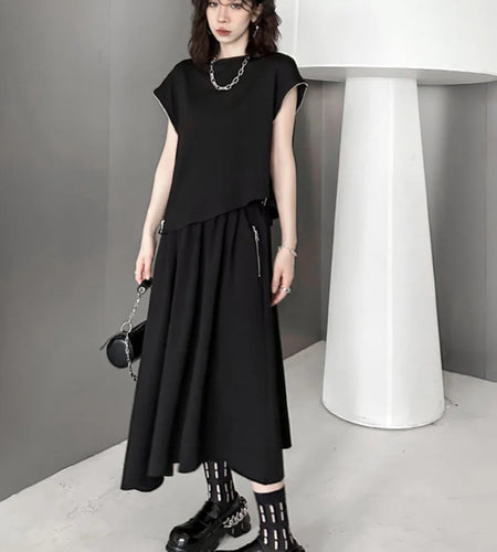 Black Zipper T-shirt Half-body Skirt Two Pieces Suit New Round Neck Short Sleeve Women Fashion Spring Summer 2025 1DJ0167