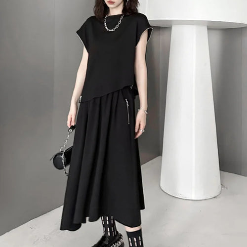 Load image into Gallery viewer, Black Zipper T-shirt Half-body Skirt Two Pieces Suit New Round Neck Short Sleeve Women Fashion Spring Summer 2025 1DJ0167
