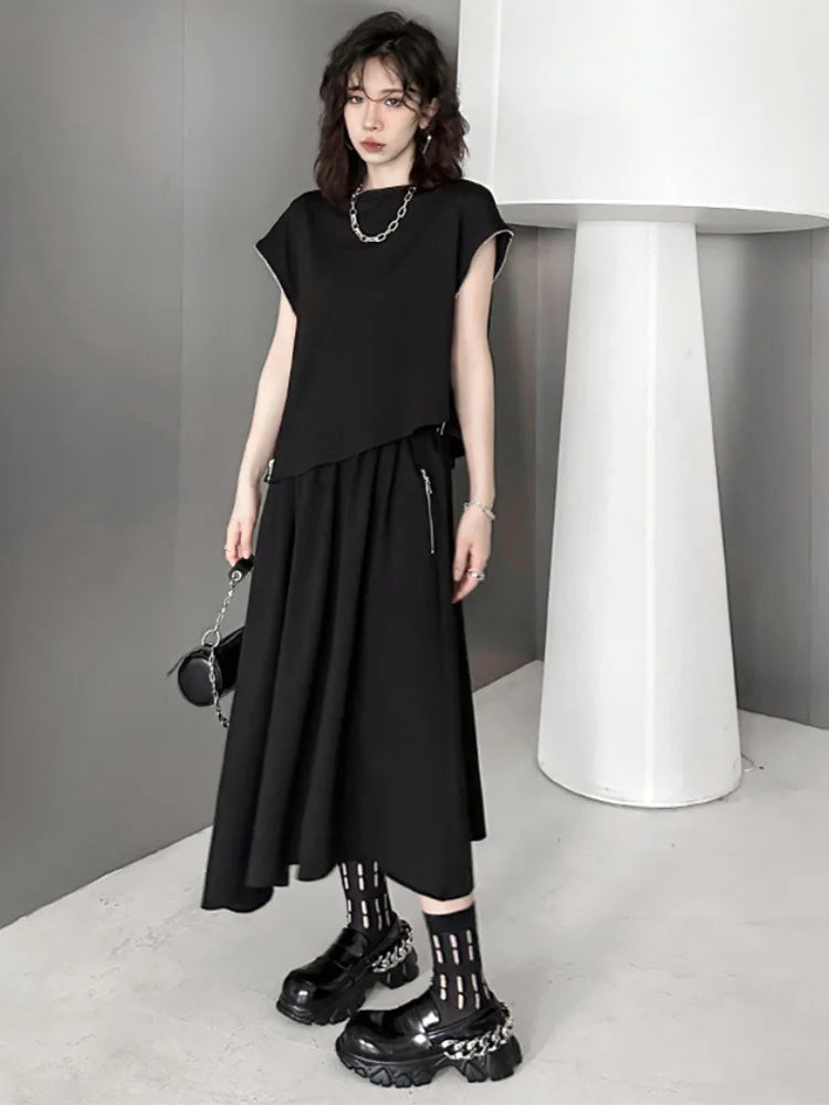 Black Zipper T-shirt Half-body Skirt Two Pieces Suit New Round Neck Short Sleeve Women Fashion Spring Summer 2025 1DJ0167