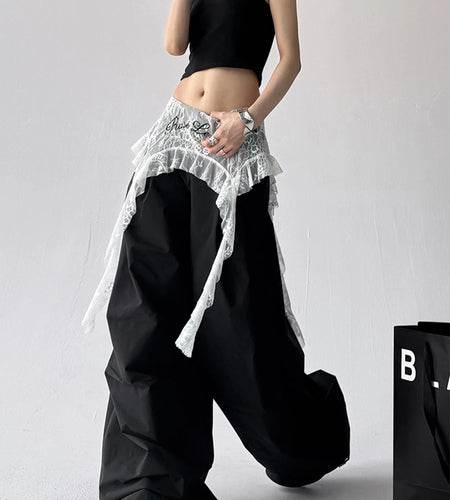 Solid Spliced Lace Up Loose Casual Pants For Women High Waist Temperament Wide Leg Pant Female Fashion Style New