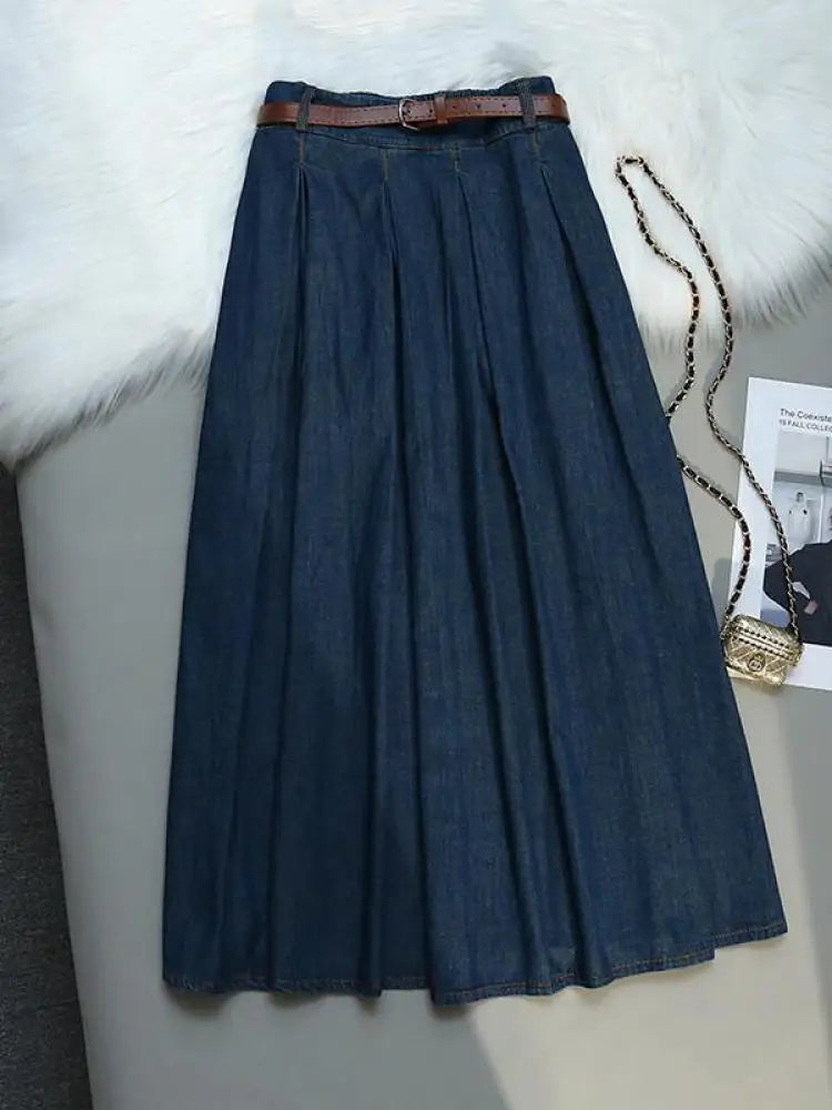 Korean Style High Waist Retro Belt Long Skirts For Women Fashion 2023 Summer Thin A-line Denim Skirt Women's Midi Elastic Skirt