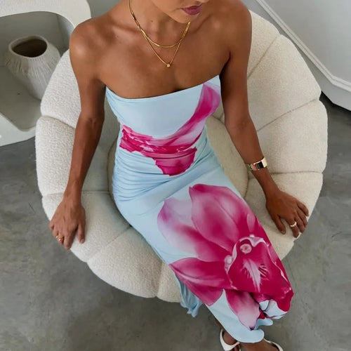 Load image into Gallery viewer, Off-shoulder Print Sexy Maxi Dress Women Gown Summer New Strapless Sleeveless Backless Bodycon Long Dress Elegant
