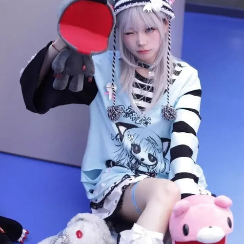 Load image into Gallery viewer, Ropa Mujer Harajuku Sweatshirts Women Chic Fake Two Cute Oversized Tops Contrast Color Anime Y2k Hoodies Clothes for Teens
