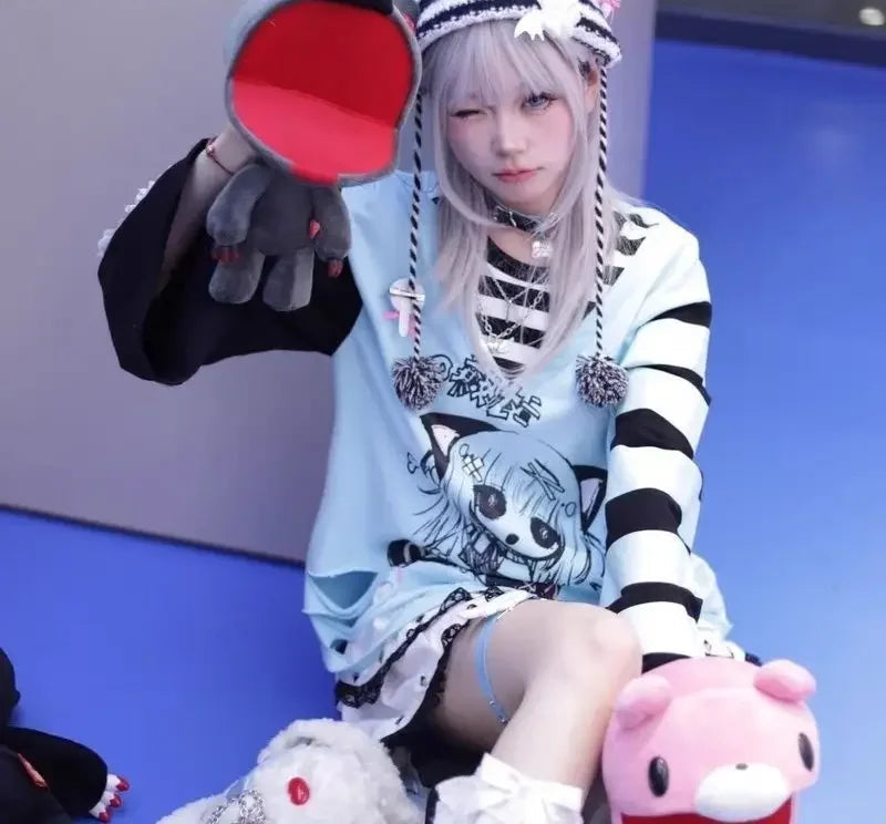 Ropa Mujer Harajuku Sweatshirts Women Chic Fake Two Cute Oversized Tops Contrast Color Anime Y2k Hoodies Clothes for Teens