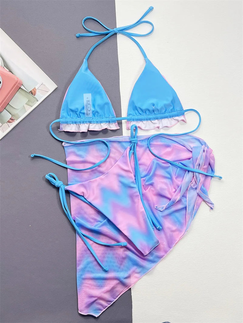 Sexy Tie Dye Halter Three Piece Swimsuit with Skirt Brazilian Swimwear Women Biquini Drawstring Beachwear