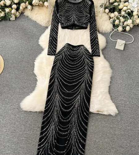 Vintage Fashion Women Black Long Sleeved Zipper Diamond Short Tops + High Waist Wrap Hip Skirts New Spring Autumn Two-piece Sets
