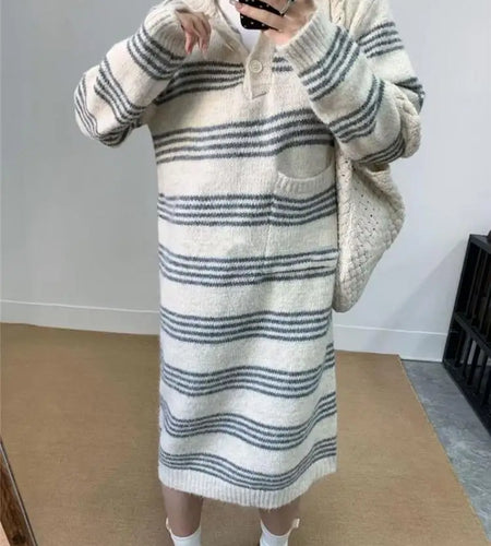 Autumn Winter Striped Hooded Long Sleeved Sweater Long Dresses Korean Fashion Women's Single Breasted Knitted Loose Dress Casual