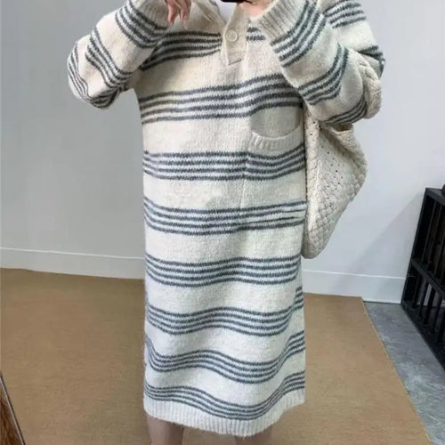 Load image into Gallery viewer, Autumn Winter Striped Hooded Long Sleeved Sweater Long Dresses Korean Fashion Women's Single Breasted Knitted Loose Dress Casual
