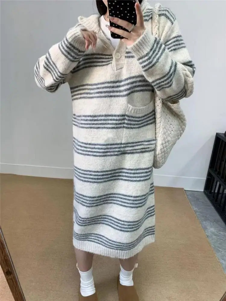 Autumn Winter Striped Hooded Long Sleeved Sweater Long Dresses Korean Fashion Women's Single Breasted Knitted Loose Dress Casual