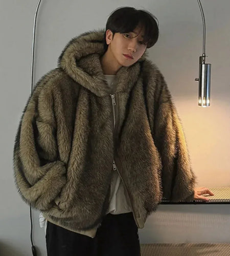 Men's Cotton Jacket Fake Fur Jackets New Male Loose Warm Solid Color Zipper Chic Korean Hooded Menwear Spring 9W1431