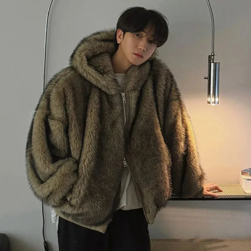 Men's Cotton Jacket Fake Fur Jackets New Male Loose Warm Solid Color Zipper Chic Korean Hooded Menwear Spring 9W1431