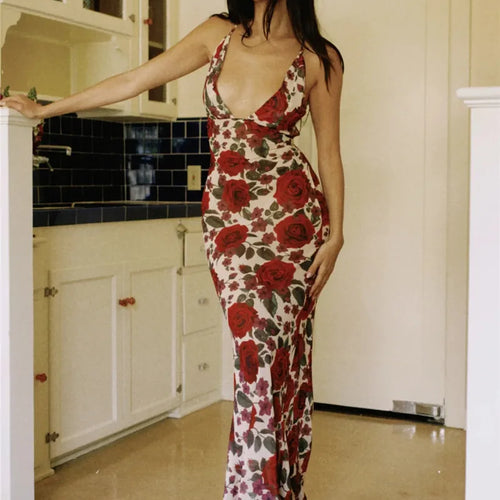 Load image into Gallery viewer, Spaghetti Strap Backless Print Dress For Women Fashion Deep V Neck Sleeveless Lace Up Bodycon Printed Sexy Long Dress
