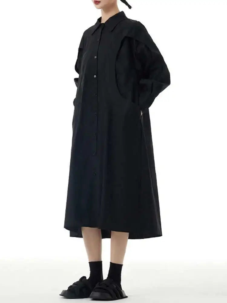 Women Green Rose Red Spliced Big Size Midi Shirt Dress New Lapel Long Sleeve Fashion Tide Spring Autumn 2025 1DH5167