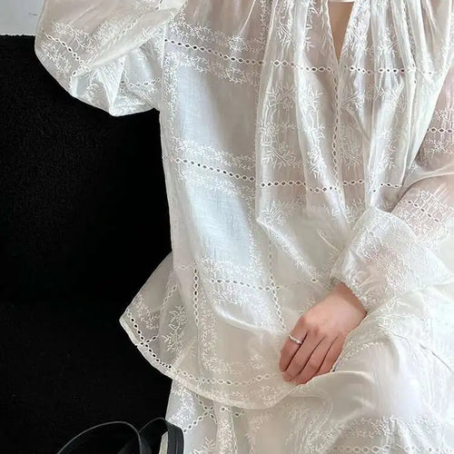 Load image into Gallery viewer, Lace Big Size Shirt Half-body Skirt Two Pieces Suit New Round Neck Long Sleeve Women Fashion Spring Autumn 2025 1DJ0062
