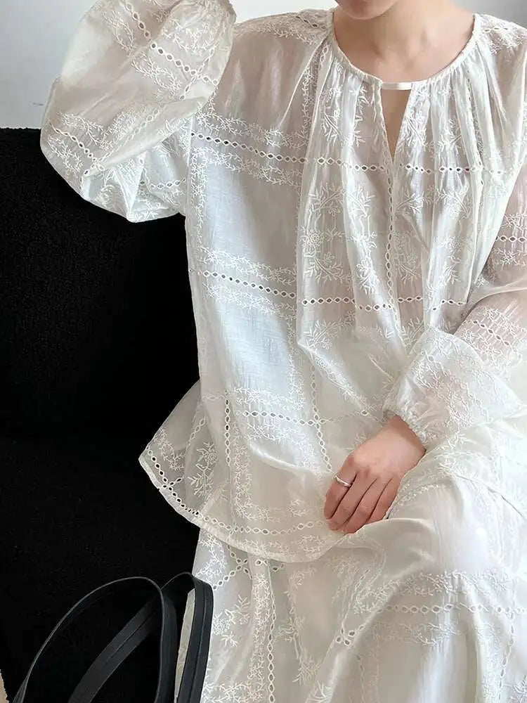 Lace Big Size Shirt Half-body Skirt Two Pieces Suit New Round Neck Long Sleeve Women Fashion Spring Autumn 2025 1DJ0062