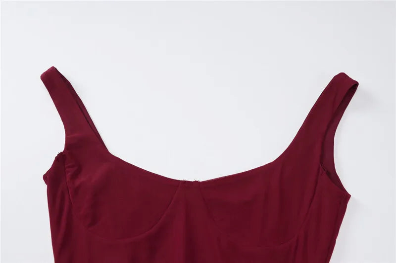 Mesh See Through Sexy Maxi Dress For Women Burgundy Spaghetti Strap Sleeveless Backless Elegant Club Party Long Dress