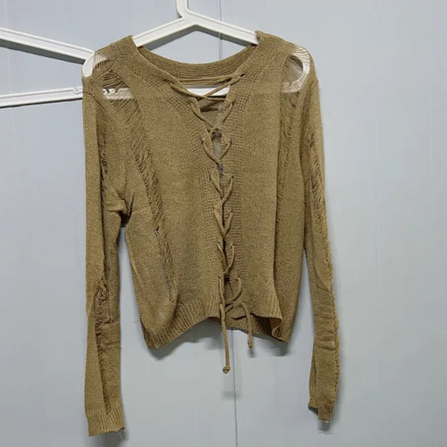 Load image into Gallery viewer, Y2K Holes Knitted Cardigans Two Side Wear Retro Harajuku Sexy Cropped Jumpers Women Full Sleeve Bandage Outwear Autumn Grunge
