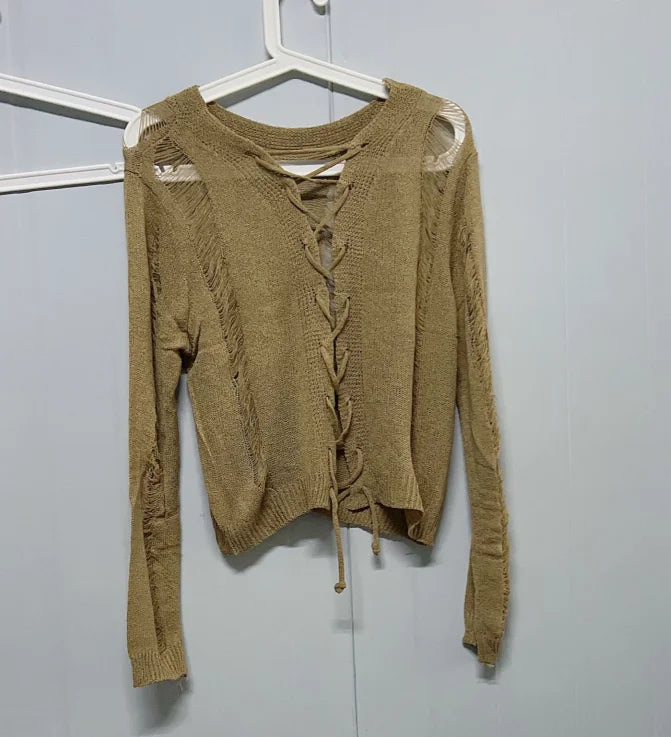 Y2K Holes Knitted Cardigans Two Side Wear Retro Harajuku Sexy Cropped Jumpers Women Full Sleeve Bandage Outwear Autumn Grunge