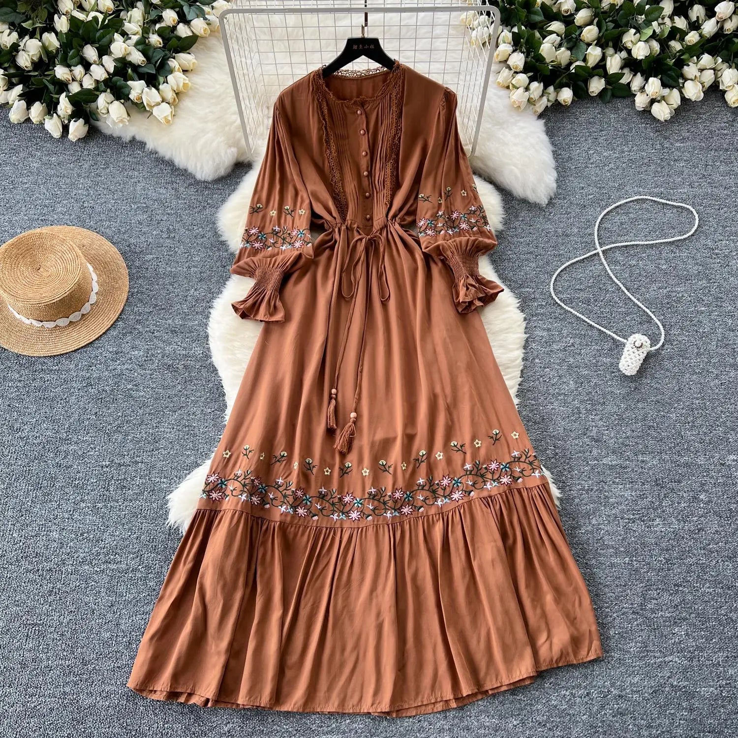 French Women Lace Embroidery Birthday Evening Party Dress Autumn Round Neck Elegant Long Sleeved Ruffles Lace-up Pleated Dresses