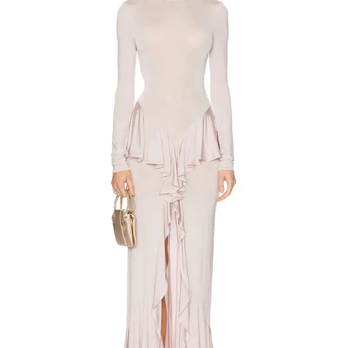 Load image into Gallery viewer, Backless Ruffled Sexy Maxi Dress For Women Gown Fashion O Neck Long Sleeve Thigh High Split Evening Long Dress Elegant
